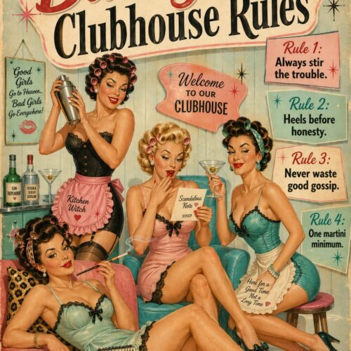Vintage retro poster of four glamorous pin-up women in a 1950s clubhouse with bold red text reading Bad Girls Clubhouse Rules, teal and pink accents, and classic cocktail props.