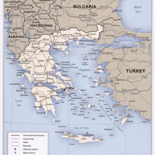 Detailed political map of Greece showing cities, regions, international boundaries, the Aegean and Ionian Seas, and surrounding countries including Turkey, Bulgaria, and Albania.