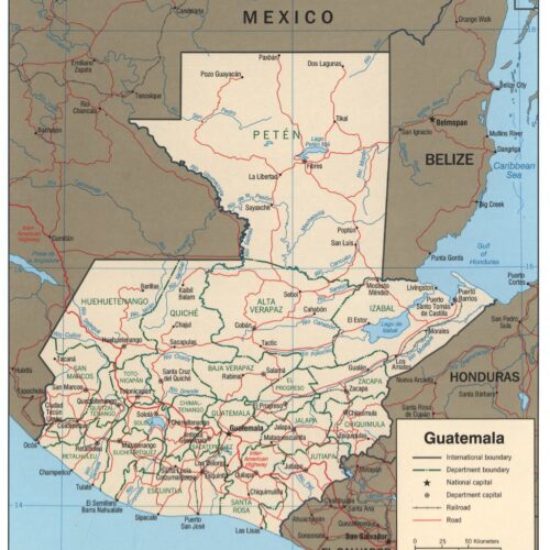 Political map of Guatemala showing 22 departments, major cities, international boundaries with Mexico Belize Honduras and El Salvador, roads and railways in red and blue waterways.