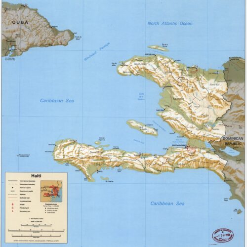 Detailed political map of Haiti showing departments, cities, topographic features, Caribbean Sea, and North Atlantic Ocean with legend and scale.