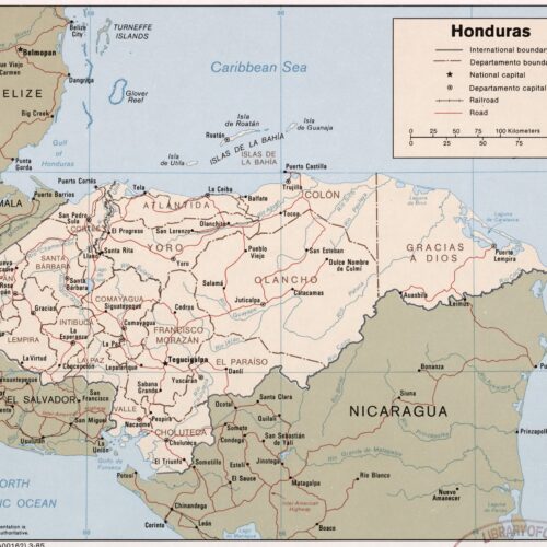 Political map of Honduras showing departamento boundaries, major cities, national capital, international borders, roads, and railroads with Caribbean Sea and neighboring countries.