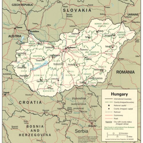 Detailed political map of Hungary showing international boundaries, county divisions, major cities including Budapest, surrounding countries, roads, railways, and geographic features on cream background.