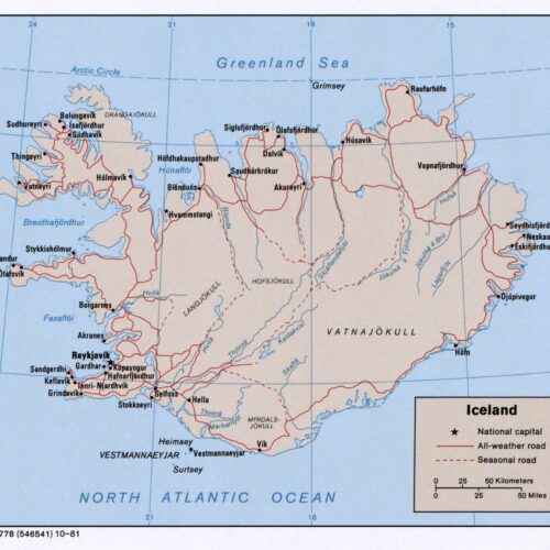 Political map of Iceland showing all-weather roads, seasonal routes, cities, fjords, and geographic features with scale and compass.