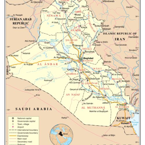 Political map of Iraq showing all governorates, cities, borders, expressways, and main roads with scale and inset globe indicator.