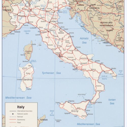 Detailed political map of Italy showing international boundaries, regions, major cities, expressways, railroads, roads, and surrounding Mediterranean and Adriatic seas.