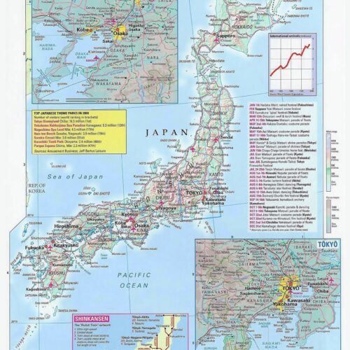Detailed political map of Japan showing all prefectures, major cities, Shinkansen railway routes, and geographic regions with color-coded areas and inset maps of Osaka-Kyoto-Kobe region and Tokyo area.