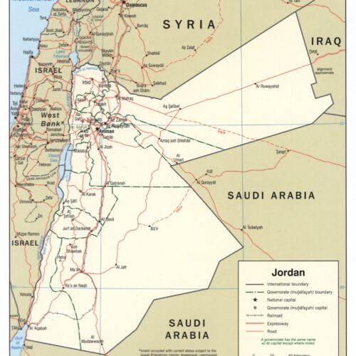 Political map of Jordan showing international boundaries, governorate divisions, cities, roads, railroads, and surrounding countries including Syria, Iraq, Saudi Arabia, and Israel.
