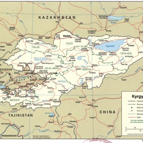 Political map of Kyrgyzstan showing provinces, international boundaries, major cities, and transportation networks with geographic detail.