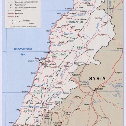 Political map of Lebanon showing four governorates, international borders with Syria and Israel, major cities, roads, railroads, and the Mediterranean coastline in cream, red, and blue colors.