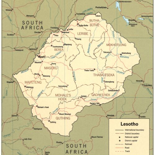 Political map of Lesotho showing ten districts, major cities, roads, and railways with international boundary marking. Educational cartographic wall art.