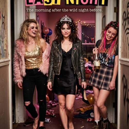 Pop art movie poster with neon pink and yellow typography reading Sorry About Last Night, featuring three women in a doorway after a party scene.