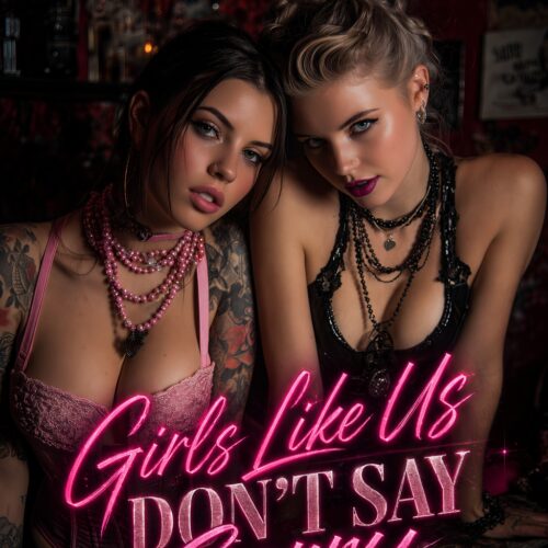 Neon wall art poster featuring two figures in bold makeup and chains with glowing pink script reading Girls Like Us Don't Say Sorry against dark moody nightlife backdrop.