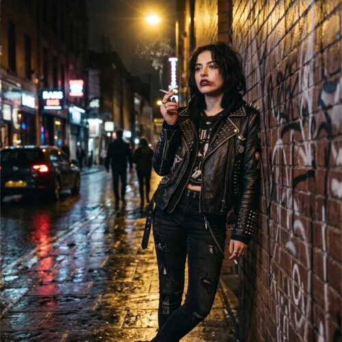 Woman in studded leather jacket smoking cigarette in neon-lit urban alley with brick wall, moody noir street photography poster.