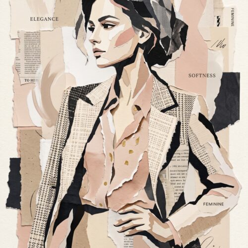 Modern collage portrait of an elegant woman with bold black linework, soft peach and cream tones, halftone patterns, and torn paper textures creating layered abstract composition.