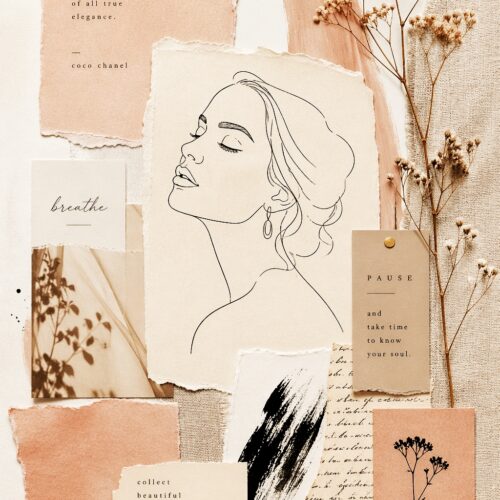 Minimalist line art portrait of a woman in profile with inspirational typography, dried flowers, and collage elements on cream and beige paper textures.