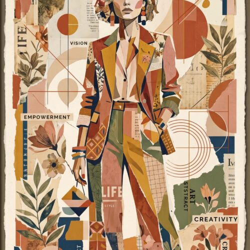 Art deco style poster of a modern woman with geometric patterns, warm terracotta and navy colors, surrounded by botanical elements and empowerment typography.