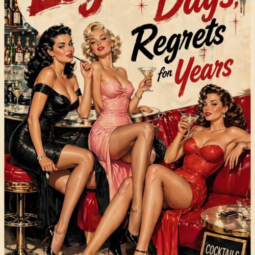 Retro vintage pin-up poster featuring three glamorous women in a 1950s lounge with bold red typography reading 'Legs for Days, Regrets for Years' and Art Deco details.