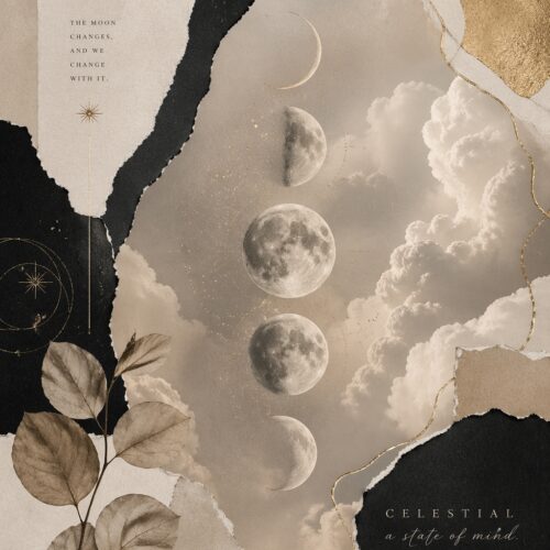 Ethereal collage artwork featuring multiple moon phases floating among white clouds, gilded botanical elements, black ink accents, and gold leaf details on cream background with celestial text.