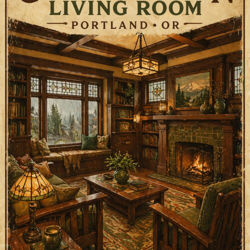 Vintage 1920s Craftsman living room interior with warm wood tones, fireplace, leaded glass windows, Tiffany lamp, and mountain view through windows.