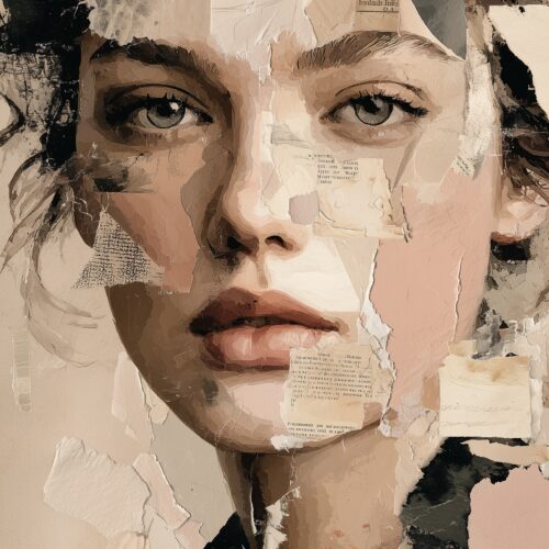 Collage portrait of a contemplative woman's face layered with torn text, neutral beige tones, black accents, and mixed-media elements creating an abstract literary aesthetic.