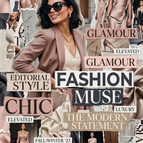 Fashion collage poster featuring a stylish woman in rose blazer with magazine cutouts, runway photography, and typography reading Fashion Muse, Glamour, and Editorial Style.