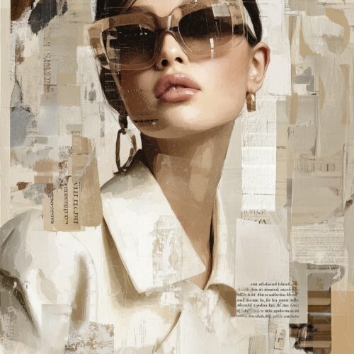 Collage art portrait of a woman wearing oversized sunglasses and white shirt, layered with newspaper clippings and typography on neutral beige background.