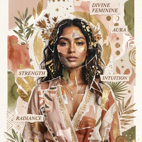 Modern Goddess mixed-media portrait of a woman with golden botanical elements, celestial symbols, and empowering words like Strength, Intuition, and Aura surrounding her face against warm blush and sage tones.