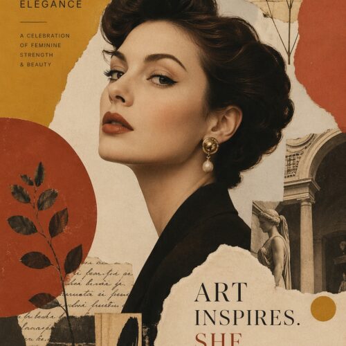 Retro collage portrait of an elegant woman in profile with vintage design elements, botanical details, and architectural fragments on warm gold and rust background.