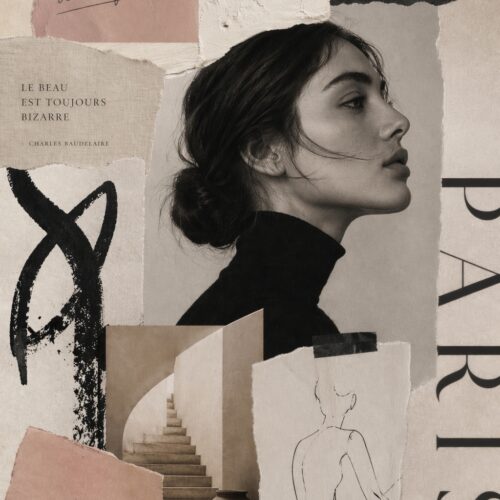 Contemporary collage art featuring a woman's profile portrait with French text, abstract marks, architectural lines, and layered neutral tones in black, cream, and rose.