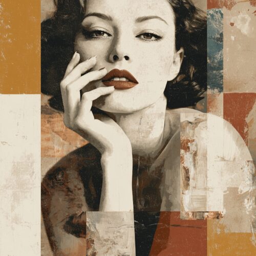 Retro vintage portrait of a contemplative woman with red lips and geometric collage background in warm terracotta, cream, and ochre tones with distressed textures.
