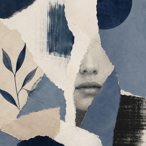 Abstract minimalist portrait with layered navy, cream, and charcoal shapes, photorealistic face, and botanical leaf elements in collage style.