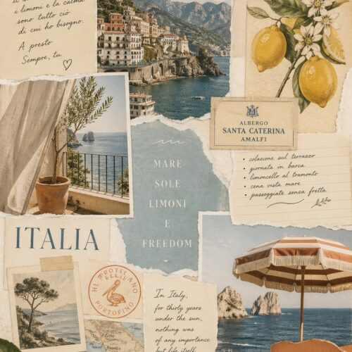 Vintage collage poster of Amalfi Coast featuring postcards, botanical lemon illustrations, coastal photographs, and handwritten Italian text in warm cream and blue tones.
