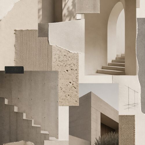 Minimalist architecture collage poster featuring layered concrete, stone, and linen textures with geometric doorways, stairs, and subtle material samples in cream and taupe tones.