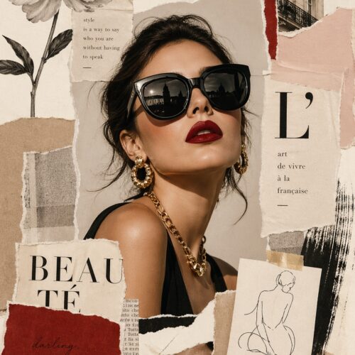 Minimalist fashion collage poster featuring a glamorous woman in oversized sunglasses with red lips, gold jewelry, floral sketch details, and Parisian inspired paper textures.