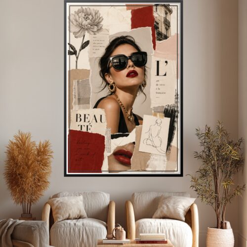 Minimalist fashion collage poster featuring a glamorous woman in oversized sunglasses with red lips, gold jewelry, floral sketch details, and Parisian inspired paper textures.