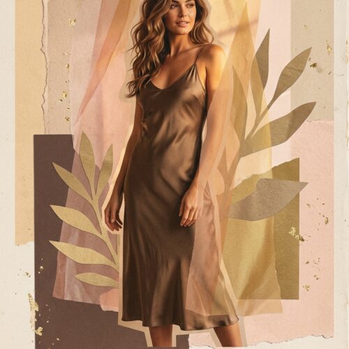 Contemporary collage wall art featuring a woman in bronze dress with layered gold, blush, and taupe geometric shapes and botanical leaf elements on cream background.
