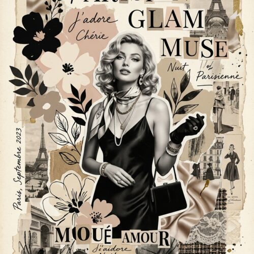 Vintage Parisian glamour collage poster featuring a stylish woman in black with waves, Eiffel Tower, botanical florals, fashion sketches, and French phrases on cream background.