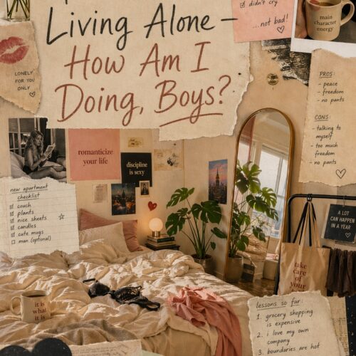 Collage wall art celebrating first time living alone with handwritten notes, polaroid photos, botanical elements, and motivational messages on warm beige and blush background.