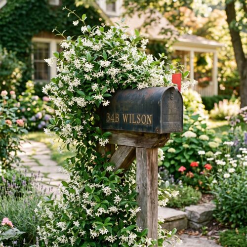 Photographic wall art of a weathered vintage mailbox decorated with cascading white flowers and green climbing vines, set in a lush cottage garden with a charming home and trees in the soft-focus background.