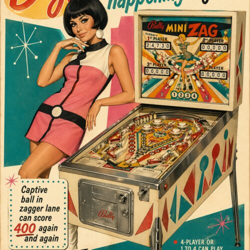 Vintage 1960s Bally Mini-Zag pinball machine advertisement poster featuring a woman in pink dress next to arcade game with retro atomic design elements and bold typography.