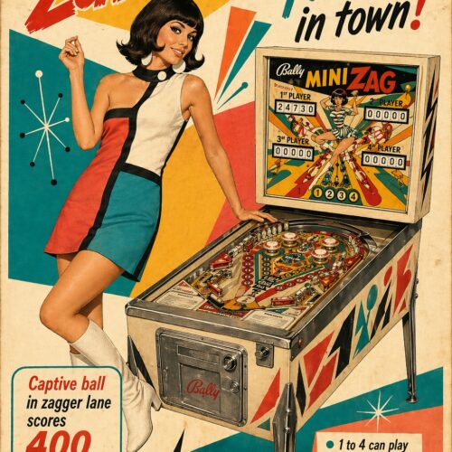 Vintage 1960s retro pinball poster featuring Mini Zag machine with a woman in bold color-block dress and electric teal and red geometric design elements.