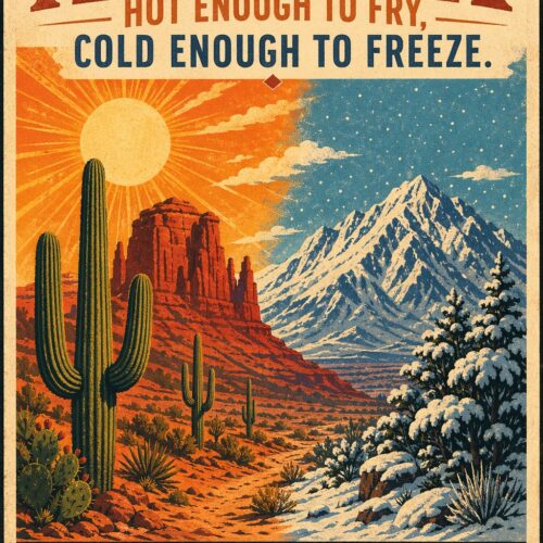 Vintage WPA-style Arizona travel poster divided between desert landscape with saguaro cacti and red rocks under blazing sun on left, and snowy mountains under starry sky on right, with bold red and teal typography.