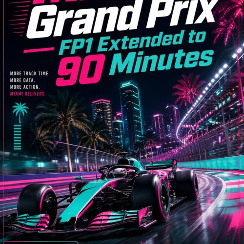 Retro neon Miami Grand Prix F1 racing poster with cyan and magenta supercar speeding through illuminated city streets with palm trees and skyscrapers.