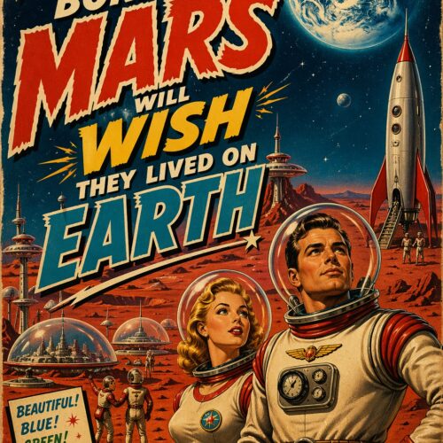 Vintage 1950s-style retro Mars travel poster featuring two astronauts in white spacesuits on a rust-red Martian landscape with rockets, domed colonies, and Earth in the sky.