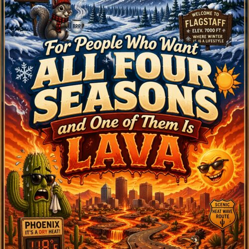 Retro travel poster split between snowy Flagstaff mountains and Phoenix desert lava landscape with humorous cartoon characters and bold vintage typography.