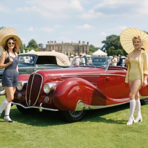 Two women in 1940s attire with umbrellas posing beside a crimson classic roadster at a vintage car exhibition, lush green lawn and manor house in background.