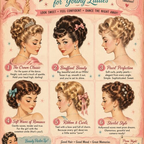 Vintage 1950s prom hair rules poster featuring six illustrated hairstyles with beauty tips and retro pink aesthetic.