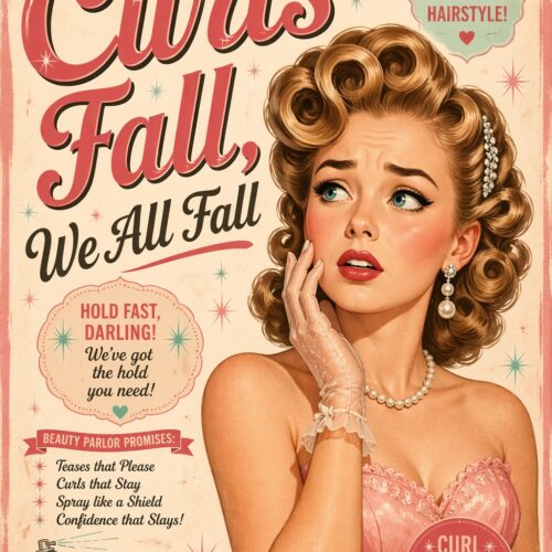 Vintage retro pin-up poster featuring a glamorous blonde woman with golden curls, pearl jewelry, and pink dress with playful beauty parlor typography and empowering girl-power messaging.