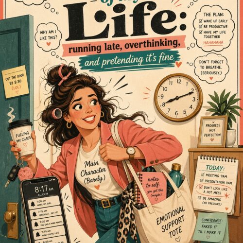 Retro illustration of a woman surrounded by sticky notes, to-do lists, and motivational text reading 'The Story of My Life: running late, overthinking, and pretending it's fine' with vintage 1970s styling and warm earth tones.