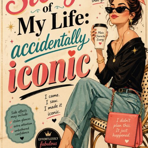 Retro vintage poster of confident woman in sunglasses with bold typography reading 'The Story of My Life: Accidentally Iconic' surrounded by colorful text and decorative elements.
